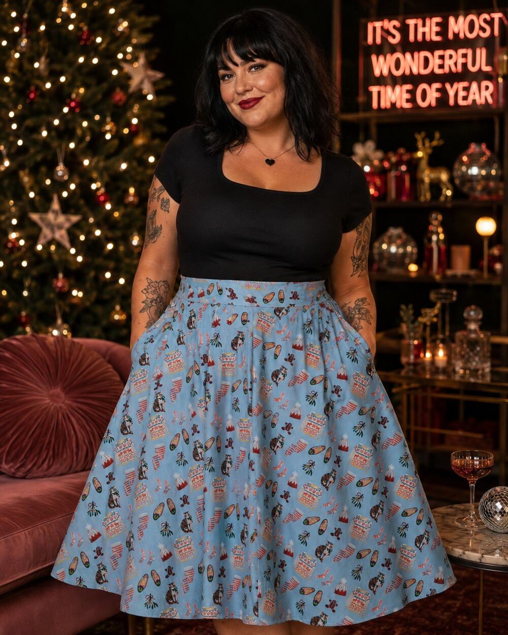 Tulip B Womens Large NWT Blue Christmas Novelty Cat Holiday Full Midi Skirt
